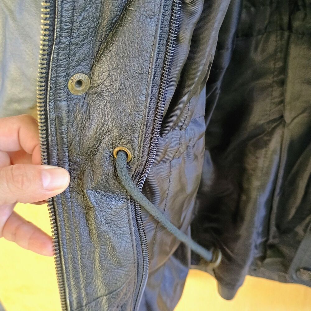 Genuine Leather Hooded Jacket Vintage Real Leather Parka Coat Drawstring Waist M - Picture 6 of 16